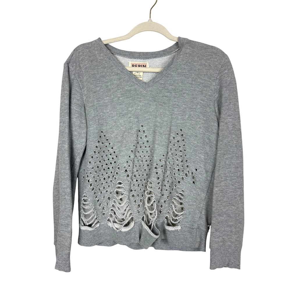 Pepin Womens XS Gray Distressed Boho Cutout V Neck Long Sleeve Sweatshirt